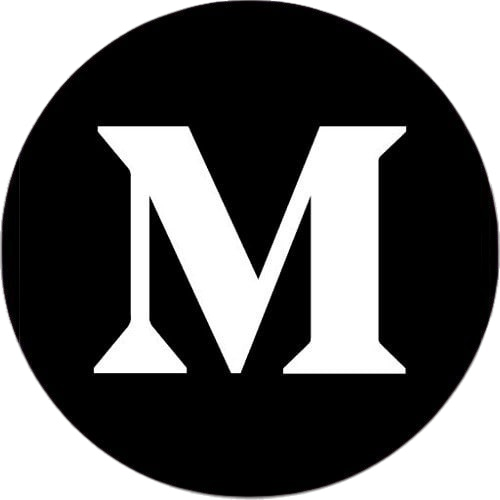 Black circle with a white 'M' in the center