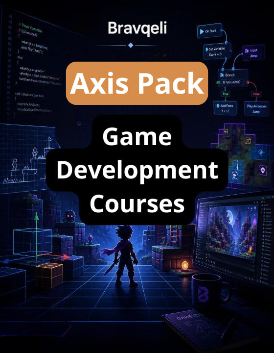 Advertisement for Bravqeli Axis Pack Game Development Courses with game development interface and character silhouette.