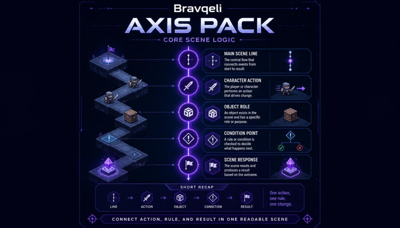Bravqeli Axis Pack core scene logic diagram on a dark background