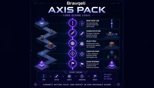 Bravqeli Axis Pack core scene logic diagram on a dark background
