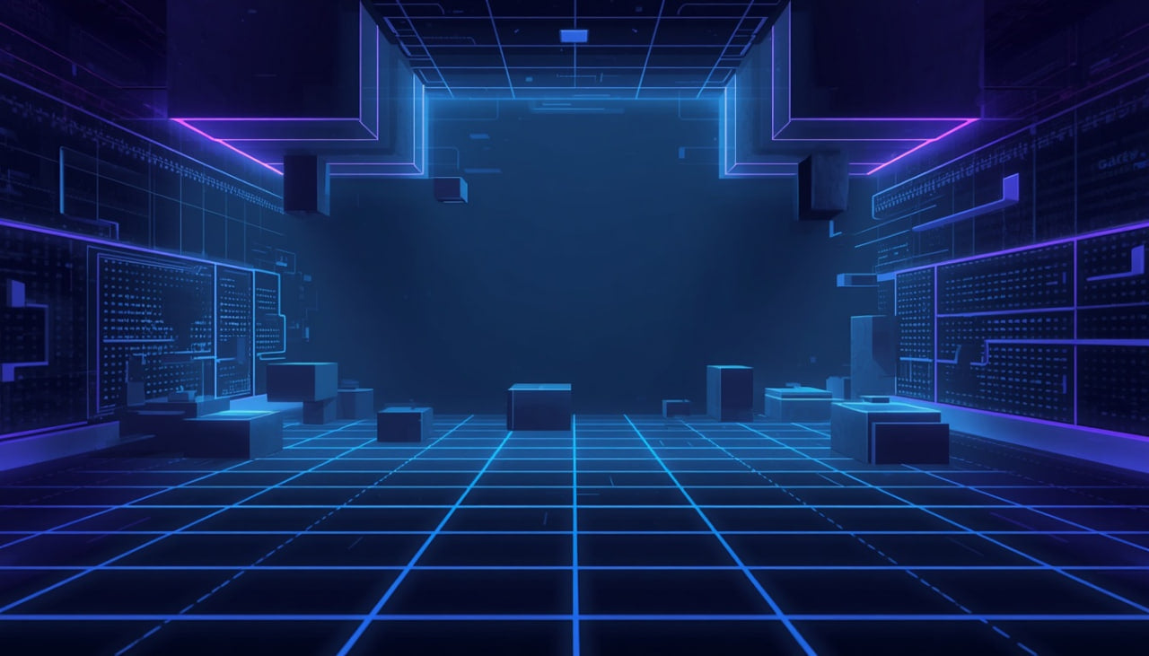 Futuristic room with grid floor and neon blue lights
