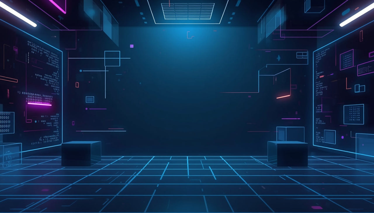 Futuristic room with digital interfaces and glowing lines on a dark background