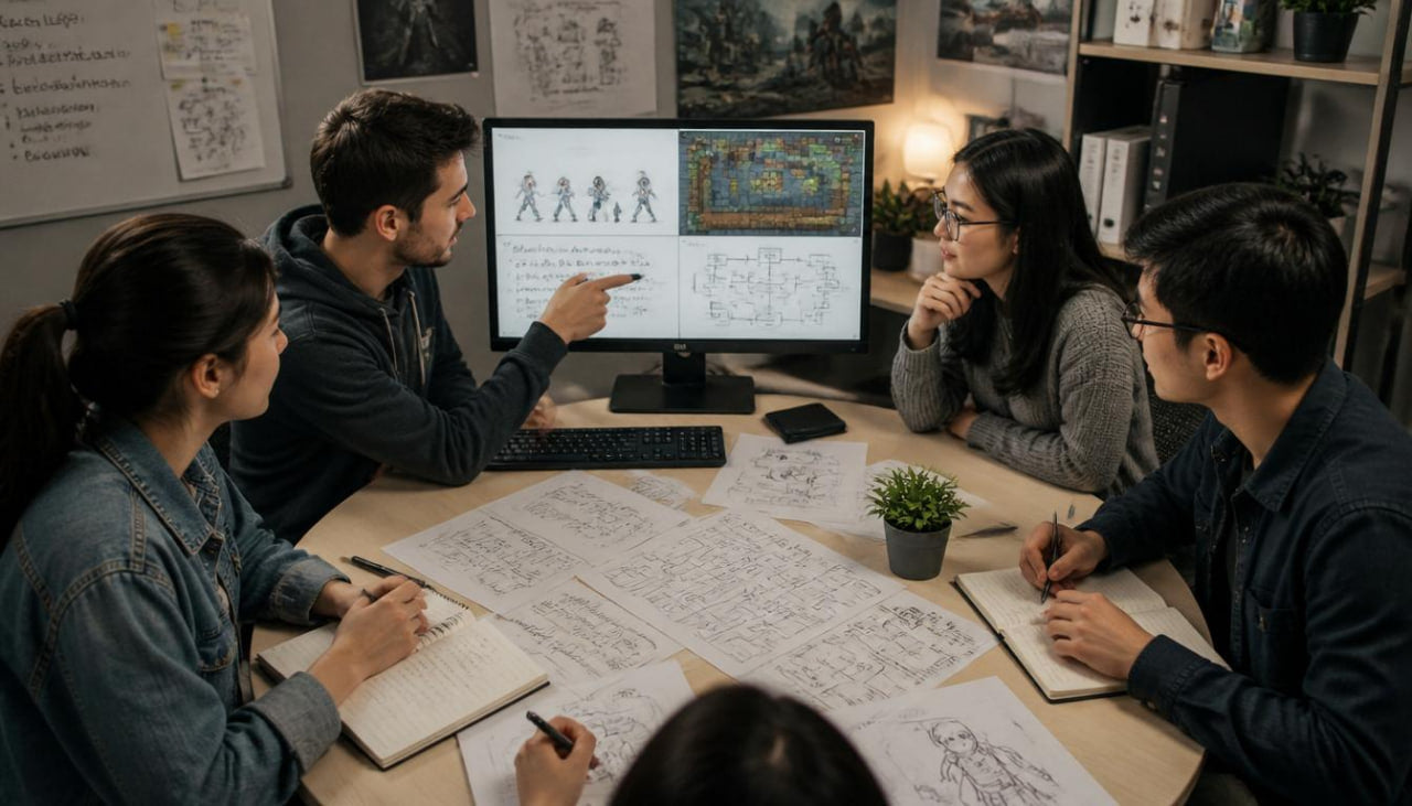 Group of people working together on a project with a computer screen displaying a game design.
