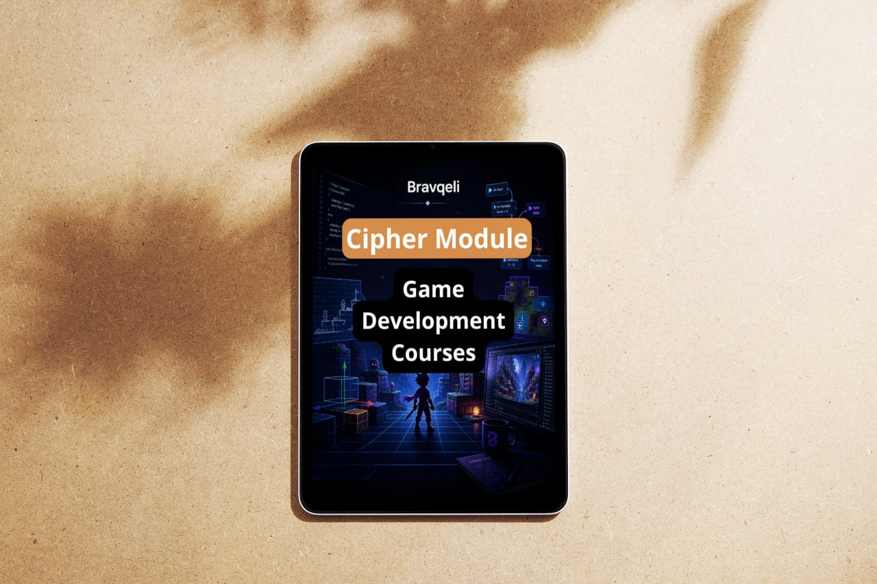 Bravqell Cipher Module Game Development Courses on a digital device screen with a beige background