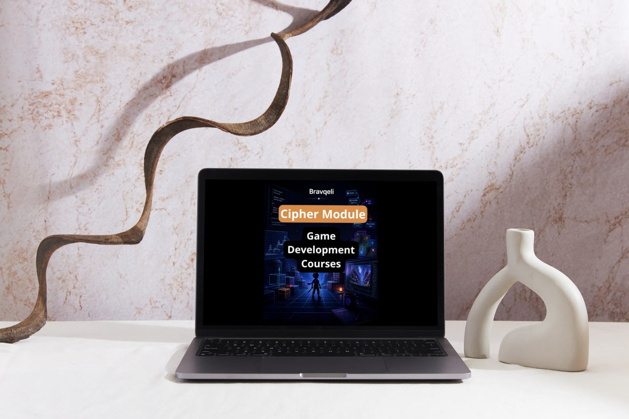 Laptop displaying a course advertisement on a decorative surface with a marble wall background