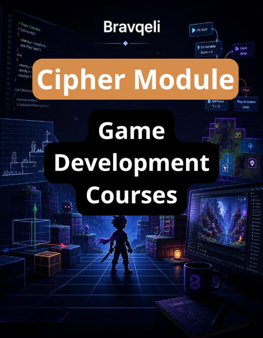 Game development course advertisement with a silhouette of a character in a game world and computer screens.