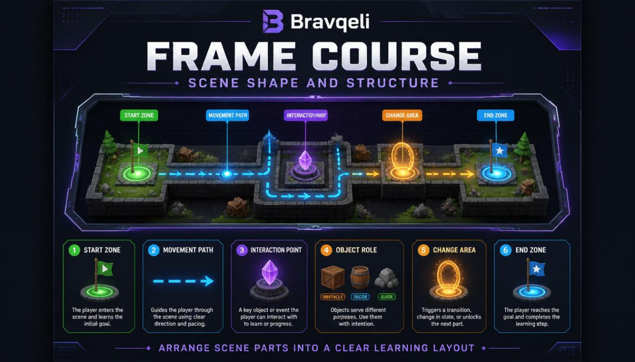Bravqeli Frame Course educational tool with layout design on a dark background