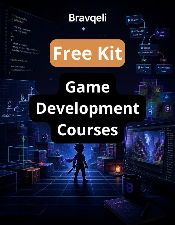 Game development course promotion with a character in a game world and coding interface.