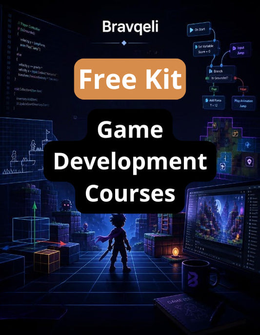 Game development course promotion with a character in a game world and coding interface.