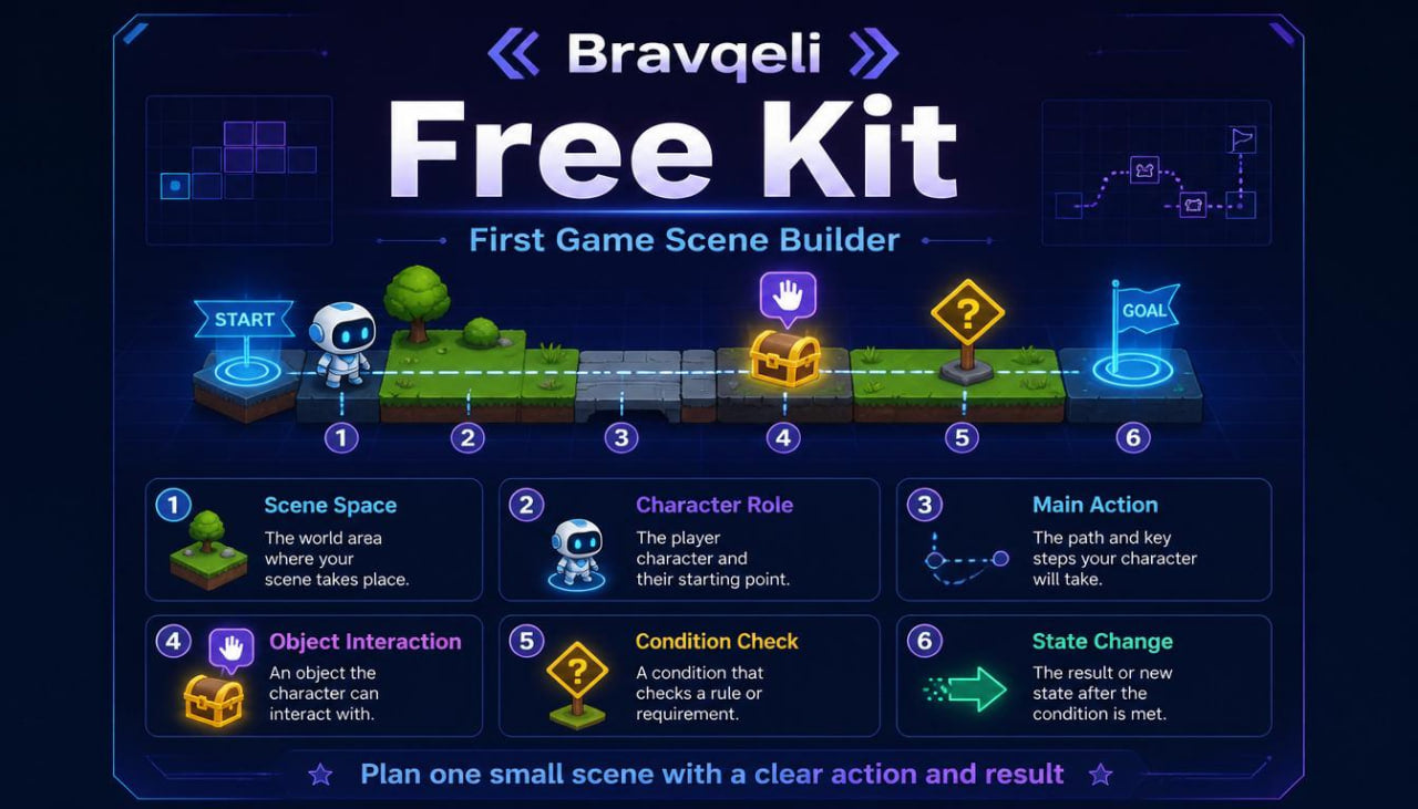 Bravq Geli Free Kit for game scene builder with icons and text on a dark background