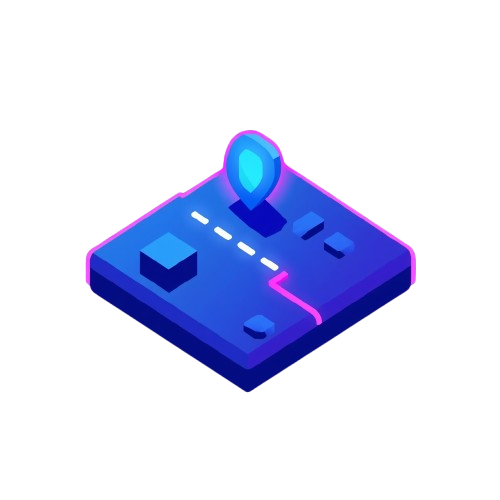 Isometric blue and purple icon with a map pin on a white background