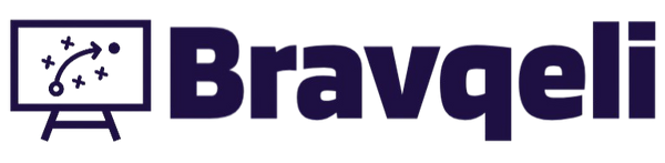 Bravqeli logo with a stylized icon of a computer monitor and arrows on a white background