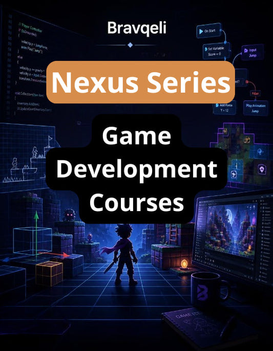 Promotional image for Nexus Series Game Development Courses with a game development interface and character silhouette.