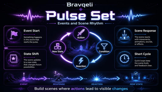 Bravq Geli Pulse Set interface with event and scene rhythm elements on a dark background