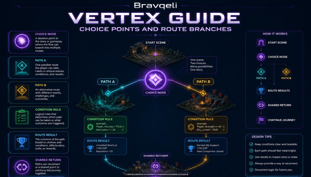 Bravgeli Vertex Guide diagram with choice points and route branches on a dark background